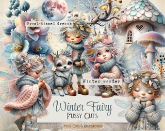 Recortes y fondos de hadas invernales – Invierno pastel, imágenes imprimibles para diario basura, descarga digital