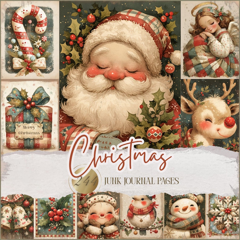 May include: A collage of Christmas-themed illustrations. Santa Claus with a white beard and red hat is the central image. Other images include a candy cane, a gift, an angel, a reindeer, bells, berries, an elf, a bird, and a snowman. The word "Christmas" is written across the image.