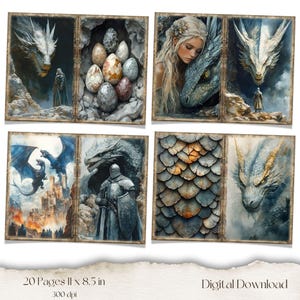 May include: A digital download featuring fantasy art with dragons, knights, and a woman with a dragon. The artwork includes images of dragon eggs and dragon scales. The text reads "20 Pages 11 x 8.5 in 300 dpi" and "Digital Download".