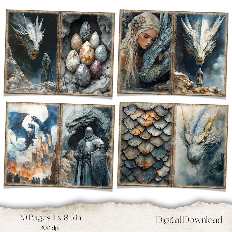May include: A digital download featuring fantasy art with dragons, knights, and a woman with a dragon. The artwork includes images of dragon eggs and dragon scales. The text reads "20 Pages 11 x 8.5 in 300 dpi" and "Digital Download".