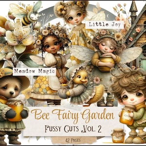 Op de afbeelding: Een digitale illustratie getiteld "Bee Fairy Garden Fussy Cuts Vol. 2" met grillige personages. De afbeelding bevat feeën, een beer en een eendje, allemaal met honingpotten. Het kleurenpalet is zacht, met geel, groen en bruin. Tekst bevat "Meadow Magic" en "Little Joy".