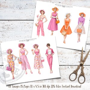 May include: Two sheets of paper with vintage illustrations of women in 1960s fashion. The women are shown in various pink and orange outfits, including dresses, jumpsuits, and skirts. The text "1960S RETRO WOMEN FUSSY CUTS" is visible. Decorative scissors are also included.