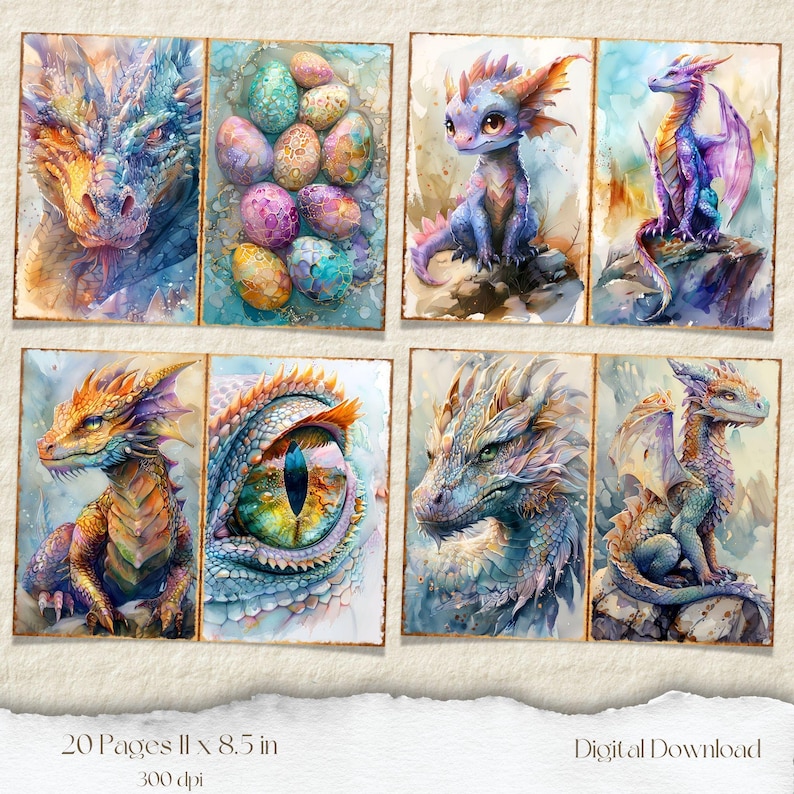 May include: A digital download of 20 printable pages featuring watercolor illustrations of dragons. The pages are 11 inches by 8.5 inches and 300 dpi. The illustrations feature dragons in various poses, including flying, sitting, and looking at the viewer. The illustrations are in a variety of colors, including blue, green, orange, and purple.