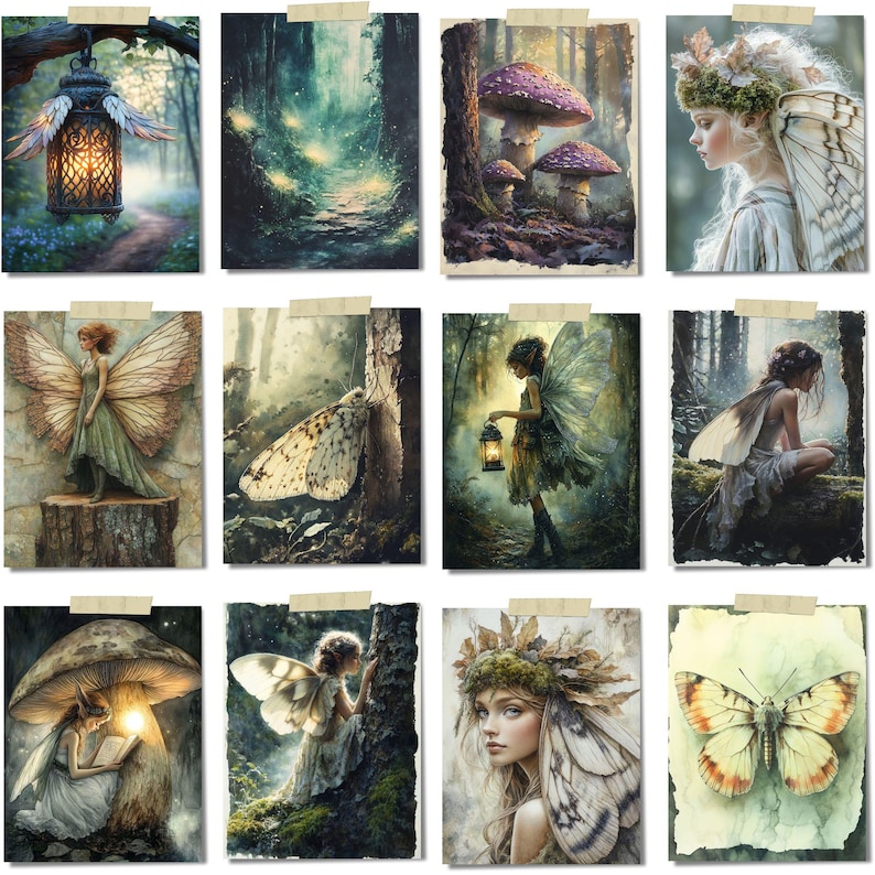 Op de afbeelding: Een verzameling van twaalf fantasiekunstprints, elk met sc&egrave;nes van fee&euml;n, paddenstoelen en boslandschappen. Het kunstwerk heeft zachte kleuren, gedetailleerde illustraties en een grillige esthetiek.