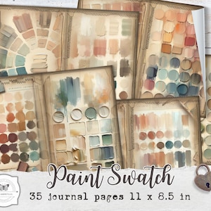 May include: A collection of vintage-style journal pages featuring paint swatches in various colors. The pages are arranged in a stack, with visible stitching and aged paper textures. The text "Paint Swatch" and "35 journal pages 11 x 8.5 in" are displayed.