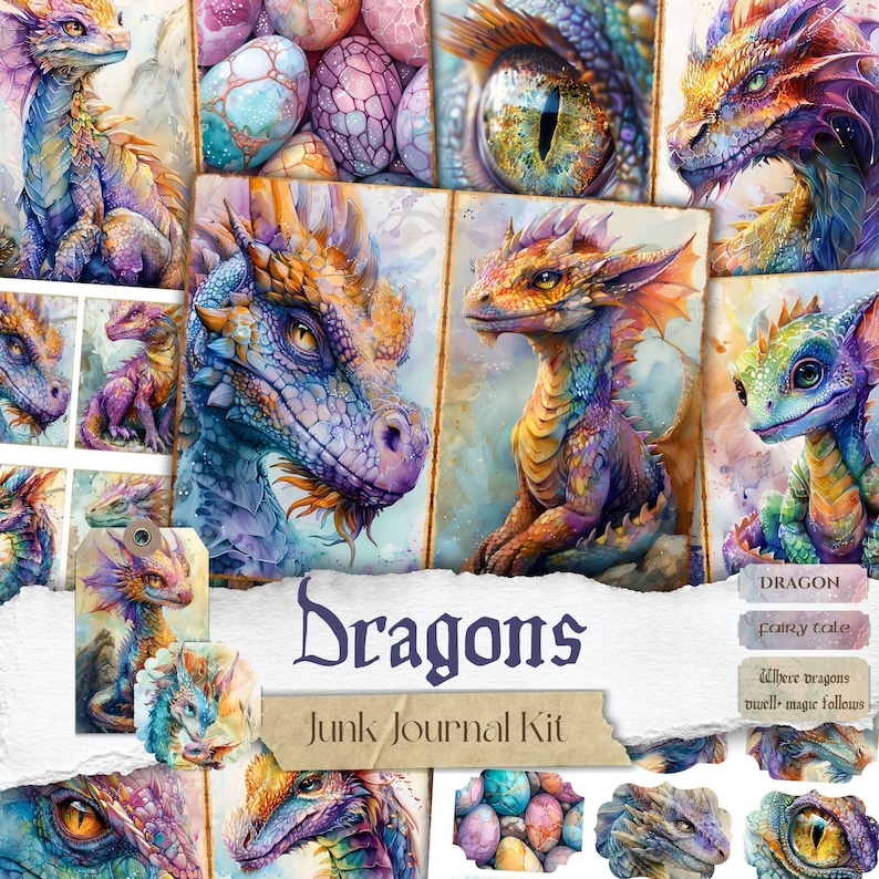 May include: A digital junk journal kit featuring colorful watercolor illustrations of dragons, eggs, and text that reads "Dragons Junk Journal Kit".