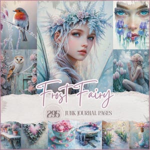 May include: A digital collage with a central portrait of a woman with blue eyes and a floral crown, surrounded by smaller images of birds, flowers, and a fairy. The text "Frost Fairy" and "295 Junk Journal Pages" are displayed.