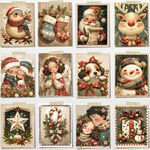 May include: A collection of vintage-style Christmas cards featuring festive illustrations. The cards depict a variety of holiday themes, including a snowman, Santa Claus, a reindeer, a bird, an angel, a puppy, and couples. Each card has a decorative border and is taped to a neutral background.