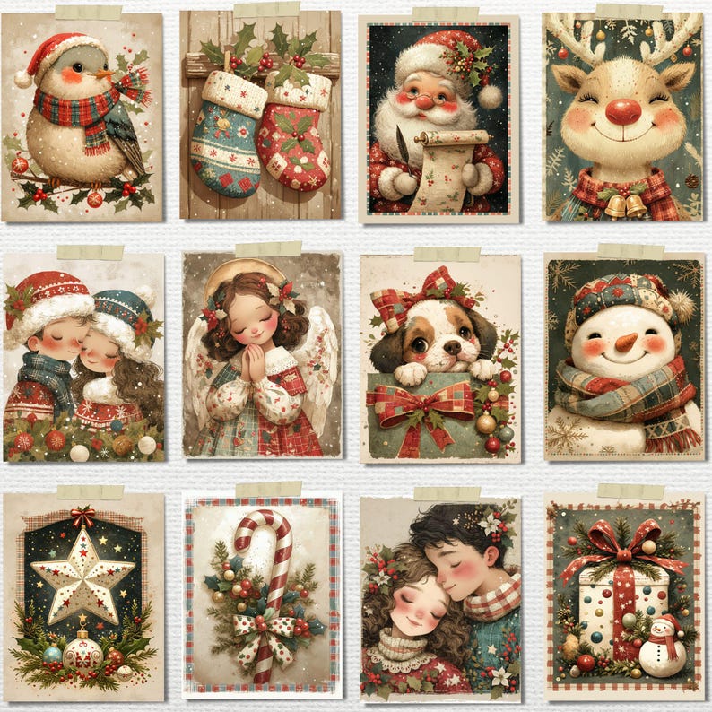 May include: A collection of vintage-style Christmas cards featuring festive illustrations. The cards depict a variety of holiday themes, including a snowman, Santa Claus, a reindeer, a bird, an angel, a puppy, and couples. Each card has a decorative border and is taped to a neutral background.