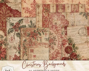 Vintage Christmas Junk Journal Papers, 55 Victorian Christmas Backgrounds, Printable Antique Scrapbook Paper, Digital Download