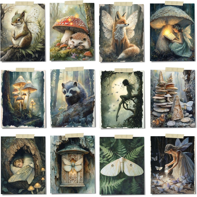 Op de afbeelding: Een verzameling van twaalf aquarelprints met grillige bossc&egrave;nes. De prints tonen bosdieren zoals een eekhoorn, vos en wasbeer, samen met fee&euml;n, paddenstoelen en motten. Elke print is met beige tape op een getextureerde achtergrond bevestigd.