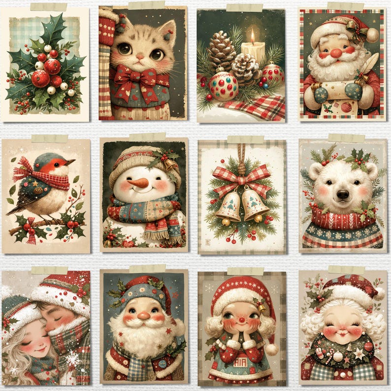May include: A collection of twelve vintage-style Christmas cards. Each card features a different festive illustration, including Santa Claus, a snowman, a polar bear, a cat, and other holiday-themed images. The cards are attached to a neutral background with tape.