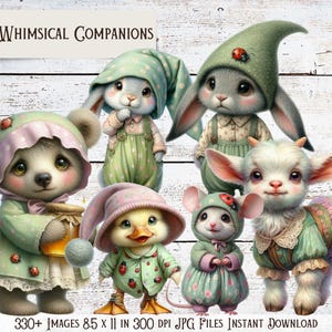 Puede incluir: Ilustraci&oacute;n digital de seis personajes animales caprichosos vestidos con trajes pastel. La imagen presenta un oso, un conejo, un patito, un rat&oacute;n, una cabra y un conejo, todos con sombreros y ropa con detalles de mariquitas. El texto "Whimsical Companions" est&aacute; incluido.