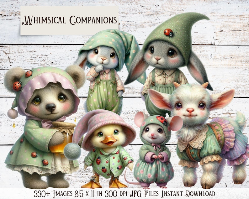 Puede incluir: Ilustraci&oacute;n digital de seis personajes animales caprichosos vestidos con trajes pastel. La imagen presenta un oso, un conejo, un patito, un rat&oacute;n, una cabra y un conejo, todos con sombreros y ropa con detalles de mariquitas. El texto "Whimsical Companions" est&aacute; incluido.