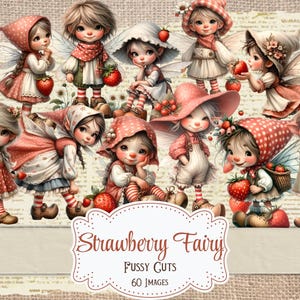 Découpes originales de fée aux fraises - Imprimables de fées fantaisistes éphémères de fées pour journaux indésirables Scrapbooking embellissements Découpes Découpes de fées