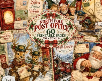 North Pole Post Office Junk Journal Kit, 60 Christmas Printable Pages, Santa Mail, Vintage Christmas Digital Papers