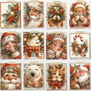 May include: A collection of twelve Christmas-themed art prints. The prints feature festive illustrations of Santa Claus, snowmen, children, a polar bear, a cat, and holiday decorations. Each image is adorned with holly, berries, and ribbons, evoking a warm, seasonal atmosphere.