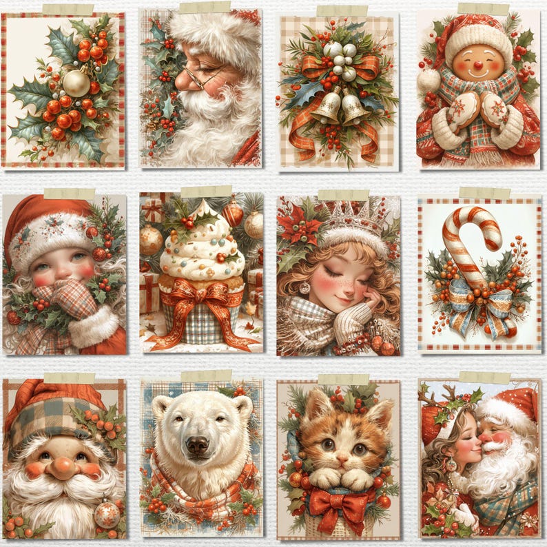 May include: A collection of twelve Christmas-themed art prints. The prints feature festive illustrations of Santa Claus, snowmen, children, a polar bear, a cat, and holiday decorations. Each image is adorned with holly, berries, and ribbons, evoking a warm, seasonal atmosphere.