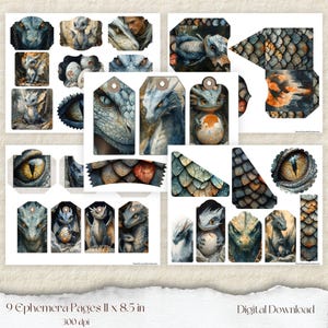 May include: A collection of 9 ephemera pages featuring watercolor illustrations of dragons. The designs include dragon eyes, scales, and full dragon figures in shades of blue, green, and orange. The text "9 Ephemera Pages 11 x 8.5 in 300 dpi Digital Download" is visible.