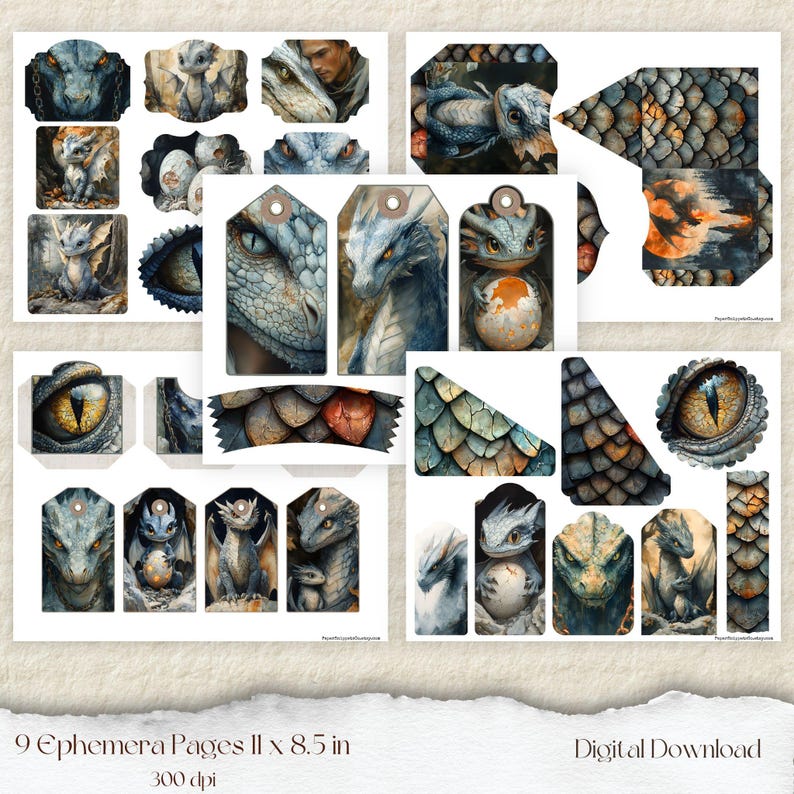 May include: A collection of 9 ephemera pages featuring watercolor illustrations of dragons. The designs include dragon eyes, scales, and full dragon figures in shades of blue, green, and orange. The text "9 Ephemera Pages 11 x 8.5 in 300 dpi Digital Download" is visible.