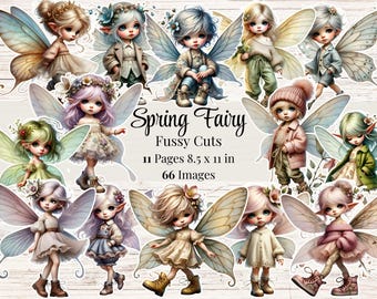 May include: A digital paper pack with 66 images of spring fairies with wings. The fairies are wearing various outfits and have different hair colors and styles. The images are perfect for scrapbooking, card making, and other crafting projects. The text on the image reads "Spring Fairy Fussy Cuts 11 Pages 8.5 x 11 in 66 Images".