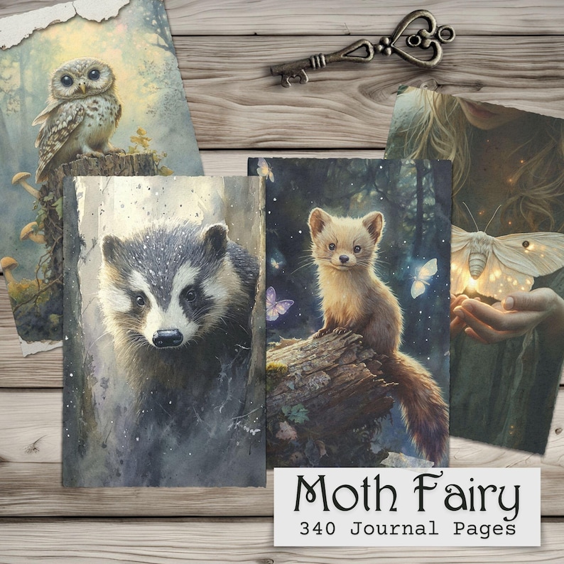Op de afbeelding: Een verzameling dagboeken met aquarel illustraties van bosdieren en een mottenfee. De dagboeken tonen een uil, een das en een kleine vos. De tekst "Moth Fairy" en "340 Journal Pages" is zichtbaar.