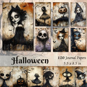 Páginas imprimíveis de diário de lixo de Halloween, suprimentos para scrapbook digital, kit de diário de lixo assustador, papéis de scrapbook de bruxa, itens efêmeros de Halloween