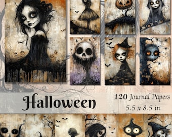May include: A set of 120 Halloween themed journal papers, each measuring 5.5 x 8.5 inches. The papers feature various spooky illustrations, including a girl with black hair and a black dress, a skull, a pumpkin, a witch, and a cat.