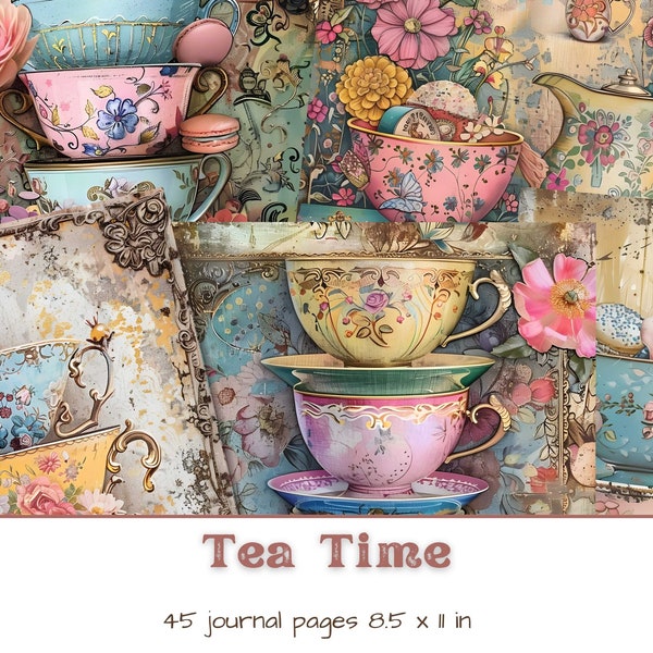 Tea Time Junk Journal Pages, Teapot Printable Kit, Tea Party Digital Download, Floral Background, Victorian Collage Sheets Digital Scrapbook
