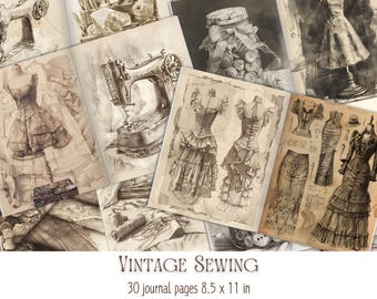 Può includere: Un diario a tema cucito vintage con 30 pagine, che misura 8,5 x 11 pollici. La copertina presenta un collage di immagini tra cui una macchina da cucire vintage, ritagli di stoffa e abiti da donna.