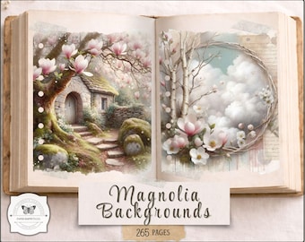 Magnolia Junk Journal Backgrounds – Floral Printable Papers for Art Journaling, Spring Garden Digital Download