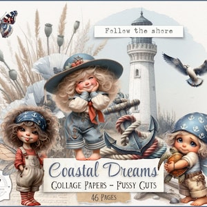 May include: Digital collage paper set titled "Coastal Dreams" featuring whimsical illustrations of fairies, a lighthouse, and nautical elements. Includes a butterfly, seagull, and anchor. The text "Follow the shore" is also present.