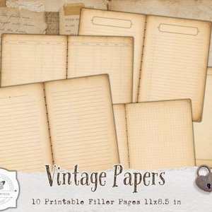 Puede incluir: Una colección de páginas de relleno imprimibles de estilo vintage en varios diseños, incluyendo páginas rayadas, cuadriculadas y en blanco. Las páginas son de un color beige cálido envejecido, con una estética desgastada. El texto "Vintage Papers" y "10 Printable Filler Pages 27.9x21.6 cm" son visibles.