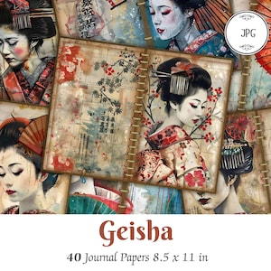 Páginas de diario basura de geishas, imprimibles orientales, flores de cerezo, suministros para scrapbooking, papeles digitales Sakura, técnica mixta, collage vintage japonés