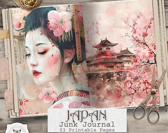 Japan Junk Journal Pages – Japanese Cherry Blossom Printable, Vintage Asian Ephemera, Sakura Digital Paper