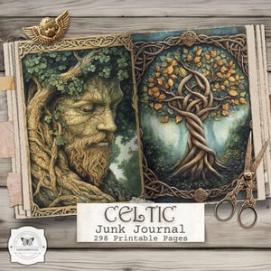 May include: Open junk journal with Celtic-themed illustrations. One page features a tree-like face, the other a tree with intertwined branches and autumn leaves. The journal includes the text "Celtic Junk Journal 298 Printable Pages". A gold cherub and scissors are also visible.