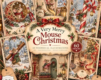 Christmas Mouse Junk Journal Kit, Printable Storybook Pages, Vintage Holiday Ephemera, Woodland Scrapbook Paper, Digital Download