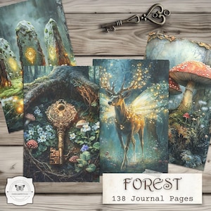 Peut inclure: Plusieurs pages de journal sur le th&egrave;me de la fantaisie, avec des illustrations d'une cl&eacute;, d'un cerf ail&eacute;, de champignons et de pierres anciennes. Le mot "FOREST" et "138 Journal Pages" sont affich&eacute;s en bas &agrave; droite.