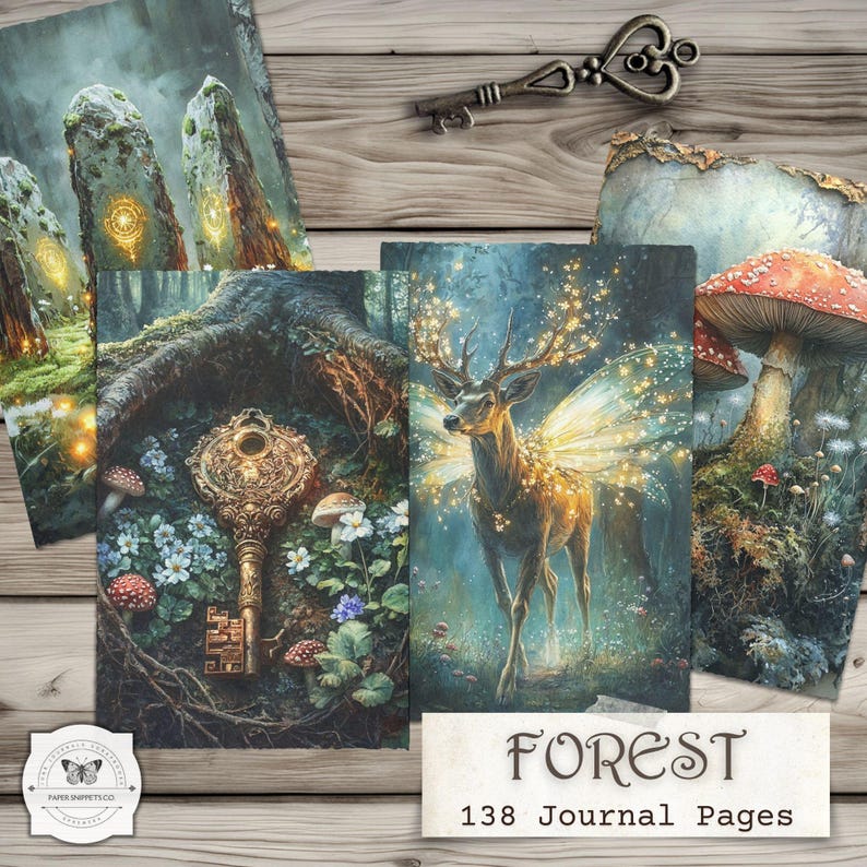 Peut inclure: Plusieurs pages de journal sur le th&egrave;me de la fantaisie, avec des illustrations d'une cl&eacute;, d'un cerf ail&eacute;, de champignons et de pierres anciennes. Le mot "FOREST" et "138 Journal Pages" sont affich&eacute;s en bas &agrave; droite.
