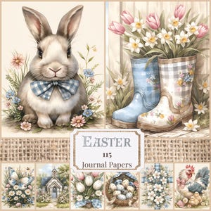Pagine del diario di Pasqua Junk Printables vintage di Pasqua Forniture per scrapbooking primaverili Carte digitali pasquali Effimere del coniglietto pasquale Collage primaverile