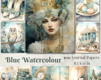 Blue Watercolour Junk Journal Kit, Victorian Ephemera (Digital Download)