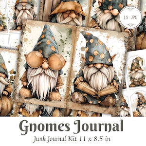 Peut inclure: Un kit de scrapbooking numérique comprenant 25 images de gnomes avec différentes expressions et accessoires. Les images sont dans un style aquarelle et comprennent des gnomes portant des lunettes, lisant des livres et tenant des citrouilles. Le kit est conçu pour être utilisé dans des journaux de rebut et d'autres travaux manuels en papier. Le texte "Gnomes Journal" et "Junk Journal Kit 11 x 8.5 in" est inclus dans l'image.