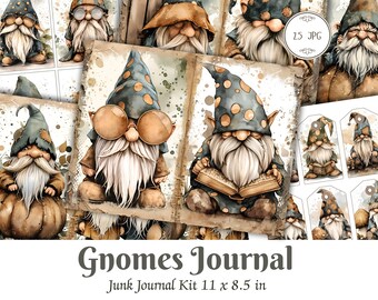 Gnomes Junk Journal, Junk Journal Kit, Garden, Cottage, Gnomes, Printable, Journal Pages, Scrapbook, Ephemera, Craft Paper, Instant Download