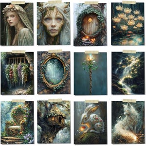 Peut inclure: Une collection de douze impressions d'art fantastiques, chacune repr&eacute;sentant des sc&egrave;nes fantaisistes. Les images pr&eacute;sentent des portraits d'&ecirc;tres &eacute;th&eacute;r&eacute;s, des portes enchant&eacute;es, des fleurs lumineuses et des paysages forestiers. L'&oelig;uvre est mont&eacute;e sur papier blanc avec du ruban adh&eacute;sif beige.