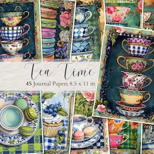 Páginas de diário de lixo para chá vintage, imprimíveis para chá, xícaras de chá, suprimentos para scrapbook, papéis digitais para chá da tarde, itens efêmeros para chá vitoriano