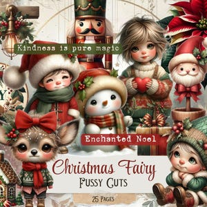 May include: A digital illustration featuring Christmas-themed characters, including a snowman, elf, and deer, all adorned in festive attire. The image includes the text "Christmas Fairy Fussy Cuts" and "25 Pages". The color palette is dominated by reds, greens, and whites.