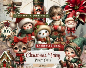 May include: A digital illustration featuring Christmas-themed characters, including a snowman, elf, and deer, all adorned in festive attire. The image includes the text "Christmas Fairy Fussy Cuts" and "25 Pages". The color palette is dominated by reds, greens, and whites.