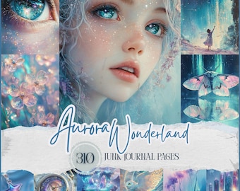 Könnte beinhalten: Eine digitale Collage mit Fantasy-Thema, die eine Frau mit blauen Augen und einer verträumten Ästhetik zeigt. Der Text "Aurora Wonderland" und "310 Junk Journal Pages" sind enthalten. Das Bild enthält Elemente der Natur und himmlische Themen.