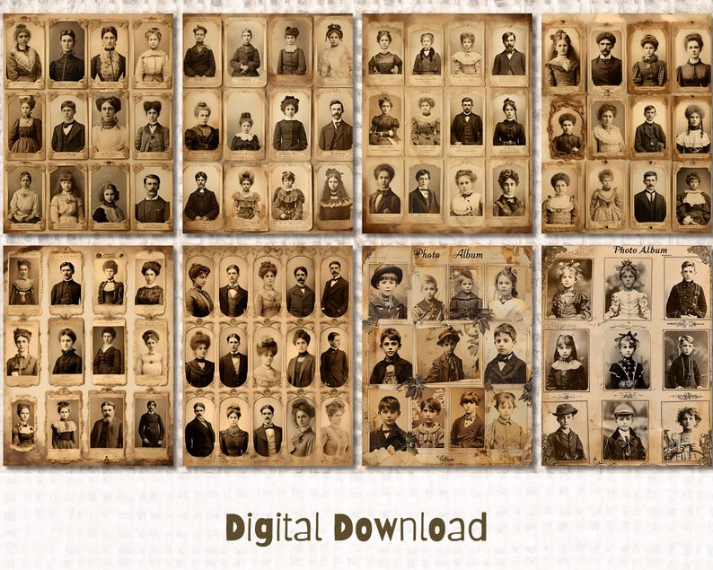 May include: A digital download of 64 vintage style photo frames. The frames are in a sepia tone and have a distressed look. The frames are arranged in a grid pattern and are perfect for adding a vintage touch to your photos.