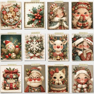 May include: A collection of twelve vintage-style Christmas cards. The cards feature festive illustrations including cookies, holly, a reindeer, Santa Claus, and a cat. Each card is adorned with holiday-themed elements and colors, perfect for seasonal greetings.